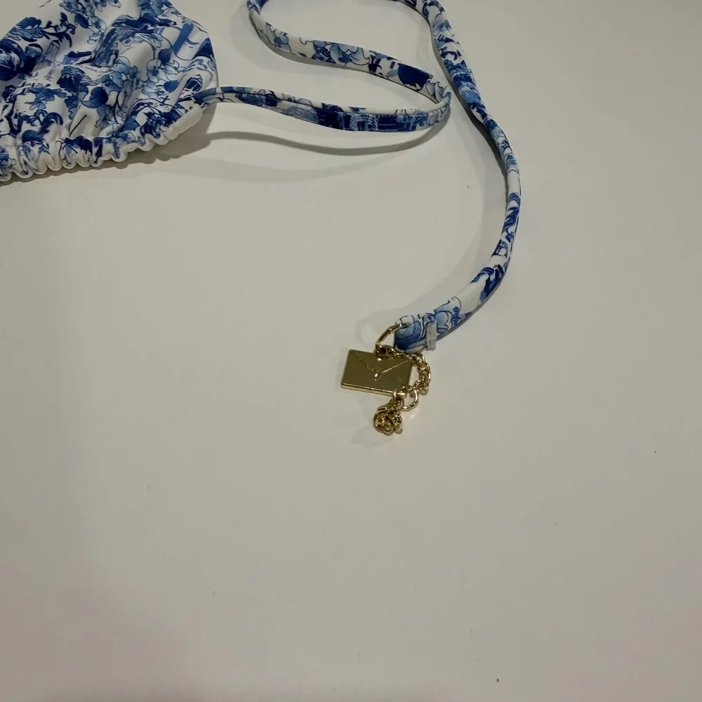 Bydee Cyprus Bikini Top Alythia Blue White Toile Landscape Gold Charms Small